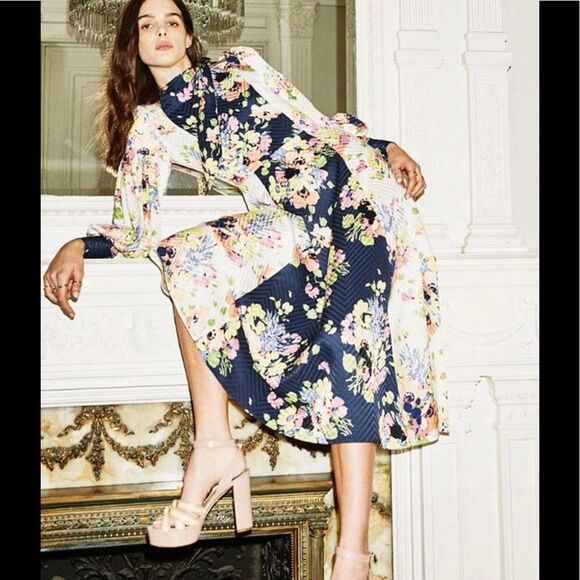 Jill Stuart Paola Mixed Floral Print Tie Neck Long Sleeve Silk Midi Dress 4 - Picture 1 of 10